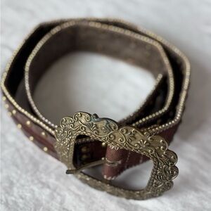 Kathy Van Zealand Chocolate Brown Faux Leather Belt Bronze Studded Belt M